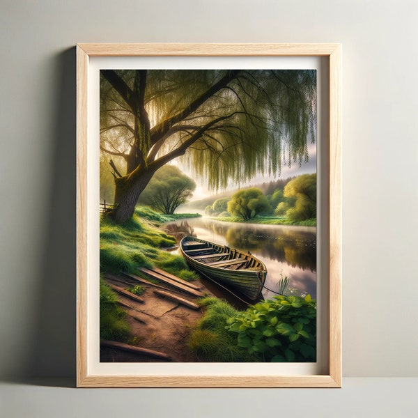 Rustic Riverside Painting - Vintage Wooden Boat and Wildflowers Artwork - Tranquil River Landscape Canvas - Home Decor Wall Art