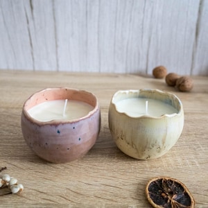 Handmade Ceramic Soy Candle – Marshmallow or Lilac Glaze || Reusable as planter
