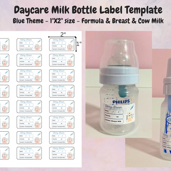 Daycare Milk Bottle Label - Blue Cute Animal Theme - Canva Template (1" x 2")