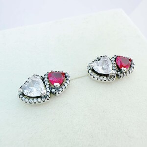 Dual Heart Stud Earrings, Clear & Ruby Red CZ Twin Heart Earrings, Halo Pave Crystal Love Heart Silver Post Earrings for Women