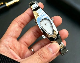Stainless Steel Teardrop Bangle Watch, Y2K Cuff Bracelet, Slim Dress Watch