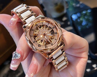 Luxury Starburst Diamond Women Watch, Constellation Dial, White Ceramic & Steel Bracelet,Wedding Party Birthday Anniversary Gift for Her