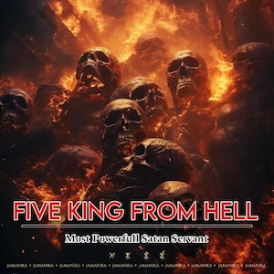 Puede incluir: Una ilustración digital de cinco cráneos en un infierno de fuego. El texto "FIVE KING FROM HELL" está en letras rojas sobre los cráneos. El texto "Most Powerfull Satan Servant" está en letras blancas debajo de los cráneos. El texto "JAMANIKA.GAIB" está en letras blancas sobre un fondo negro con un icono de Instagram blanco. El texto "JAMANIKA GAIB" está en letras blancas sobre un fondo azul con un icono de Facebook blanco. El texto "CONTACT PERSON: 085717613178" está en letras blancas sobre un fondo negro con un icono de WhatsApp blanco.