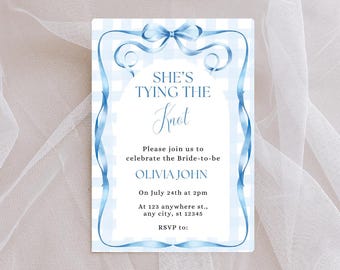 She's Tying The Knot Bridal Shower Invitation, Editable Blue Bow Bridal Invitation, Wedding Shower Blue Template Printable Invitation
