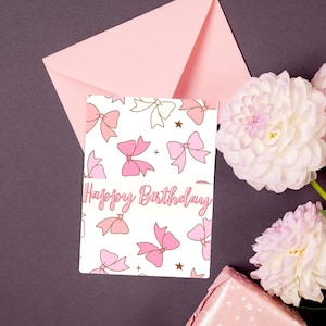 Carte d'anniversaire avec noeud pastel, carte d'anniversaire esthétique coquette girly, jolie carte d'anniversaire pour ami, carte d'anniversaire de soeur, jolie carte d'anniversaire