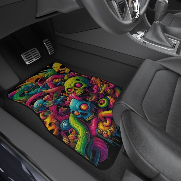 Neon Skull 2X Car Mats | Cool Monster Psychedelic Car Floor Mats | Matching Front Seat Car Mats | Cool Gift For Car Lovers | Interior Decor