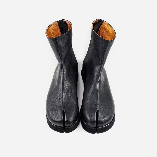Handmade Men's Black Leather Tabi Boots