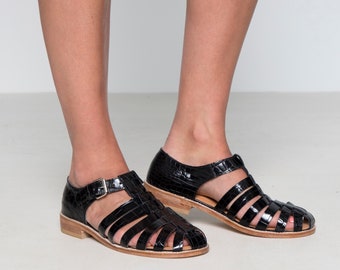 Handmade Black Patent Leather Fisherman Sandals With Croco Print