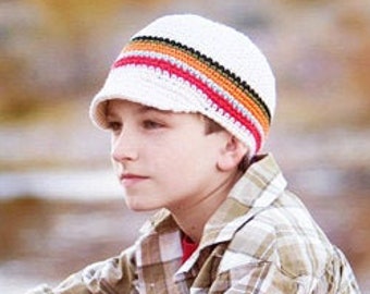 Ecru Stripes Newsboy Hat, Boys Crochet Hat, Childrens Hat, Hat with Brim, Boys Stripes Hat, Boy Hat, Winter Hat Beanie, Crochet Newsboy