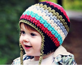 Stripe Earflap Hat Toddler Boy, Crochet Winter Hat, Earflap Winter Hat, Kids Hat, Childrens Hat, Rainbow Hat, Hat for Boys, Boys Hat,