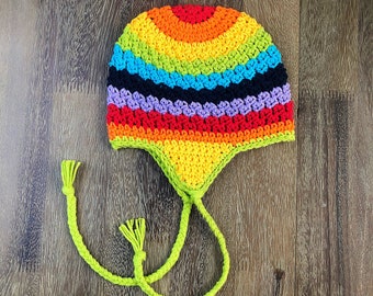 Rainbow Earflap Hat, Kids Earflap Winter Beanie, Ready To Ship Kids Winter Hat, Rainbow Toddler Hat, Crochet Stripes Winter Hat, Kids Hat
