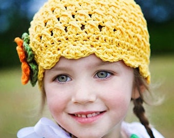 Yellow Crochet Girls Hat with Flowers, Childrens Winter Hat, Flapper Hat, Toddler Winter Hat, Yellow Winter Hat, Winter Beanie, NuxieMade