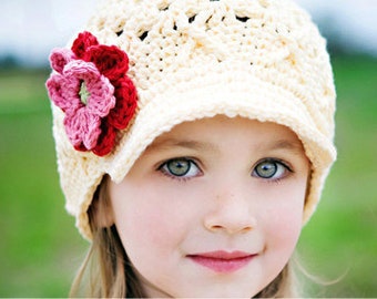 Cream Girls Crochet Newsboy Winter Hat, Cream Crochet Winter Hat, Flower Brimmed Hat, Flower Beanie with Brim, Childrens Hat, NuxieMade