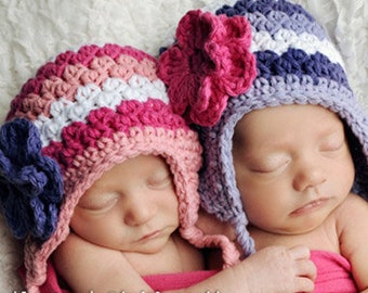 Newborn Girl Winter Textured Earflap Hat, Crochet Earflap Hat, Winter Hat with Flowers, Pink Earflap Hat, Purple Earflap Hat, 0-3 Months Hat
