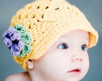 Winter Newsboy Hat with Flowers Yellow Crochet Baby Beanie with Brim