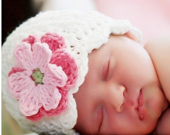 White Crochet Hat with Pink Flowers, Baby Girl Hat, White Cloche Hat, Baby Photo Prop Hat, Baby Girl White Winter Hat, Baby Gift