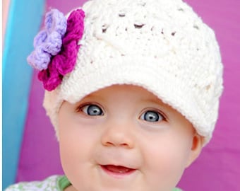 Baby Girl Ivory Winter Hat with Flowers, Toddler Hat, Childrens Crochet Hat, Hat for Girls, Hat with Brim, baby girl beanie hat, NuxieMade