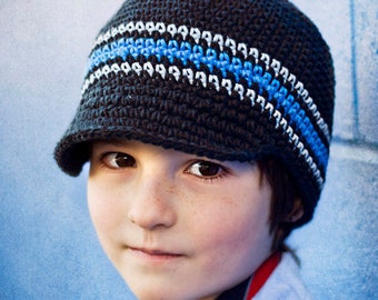 Black Striped Hat with Brim Crochet Winter Newsboy Boys Winter Cap Warm Cotton Hat