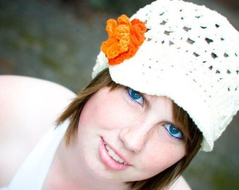 Womens Hat with Flowers / Crochet Hat / Teen Hat / newsboy hat / Cream Hat / Beanie Hat with Brim / Winter hat / Fall hat /NuxieMade