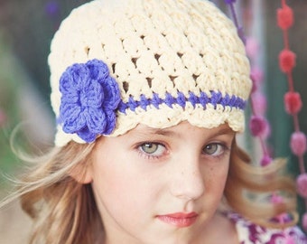 Cream Crochet Hat with Flowers, Formal Winter Hat for Girls