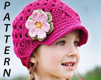 PDF- NuxieMade Flower Beanie with Brim Pattern, Crochet Newsboy Pattern, Newsboy Crochet Pattern, Crochet Newsboy PDF, Crochet Hat for Girls
