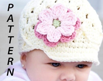 NuxieMade Flower Beanie with Brim PDF Pattern, Baby Crochet Newsboy Pattern, Newborn Hat Pattern, Crochet Baby Pattern, Hat for Girl Pattern