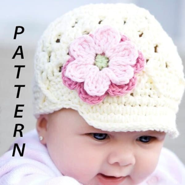 NuxieMade Flower Beanie with Brim PDF Pattern, Baby Crochet Newsboy Pattern, Newborn Hat Pattern, Crochet Baby Pattern, Hat for Girl Pattern