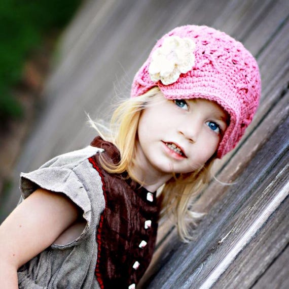 Girls Rose Pink Crochet Beanie, Ecru Flower Brim, Handmade  display picture 3