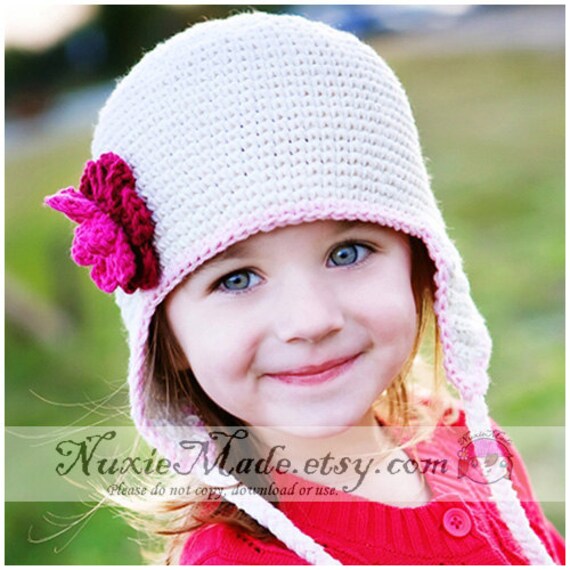 Items similar to 5T-Preteen Girls Winter Hat, Flower Earflap Beanie ...