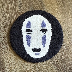 Handmade No Face Punch Needle Coaster – Round Studio Ghibli Mug Rug, Cotton Yarn, 5” Diameter, Anime-Inspired Drink Mat, Cozy Home Gift