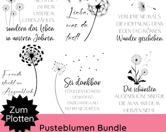 Puede incluir: Paquete de diseño digital en blanco y negro con ilustraciones de dientes de león y citas inspiradoras en alemán. Las citas incluyen "Nicht die Jahre in unserem Leben zählen, sondern das Leben in unseren Jahren."  "Liebe, was du tust!"  "Verliere niemals die Hoffnung, denn jeden Tag können Wunder geschehen."  "Freude steckt im Augenblick."  "Sei dankbar für jeden Moment. Denn er ist einzigartig und kehrt nie zurück."  "Die schönsten Augenblicke sind die, die man mit dem Herzen sieht."