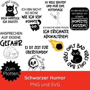 Puede incluir: Un conjunto de ilustraciones digitales en blanco y negro con un tema de humor negro. Las ilustraciones presentan una variedad de personajes y objetos, incluyendo un diablo, un gato, una calavera, un cometa y un figurín. El texto en las imágenes incluye frases como "Du bist lustig", "Ich bin nicht so böse", "Ich mache keine Fehler", "Es ist Zeit für Überstunden", and "Konfetti Kotzen!"