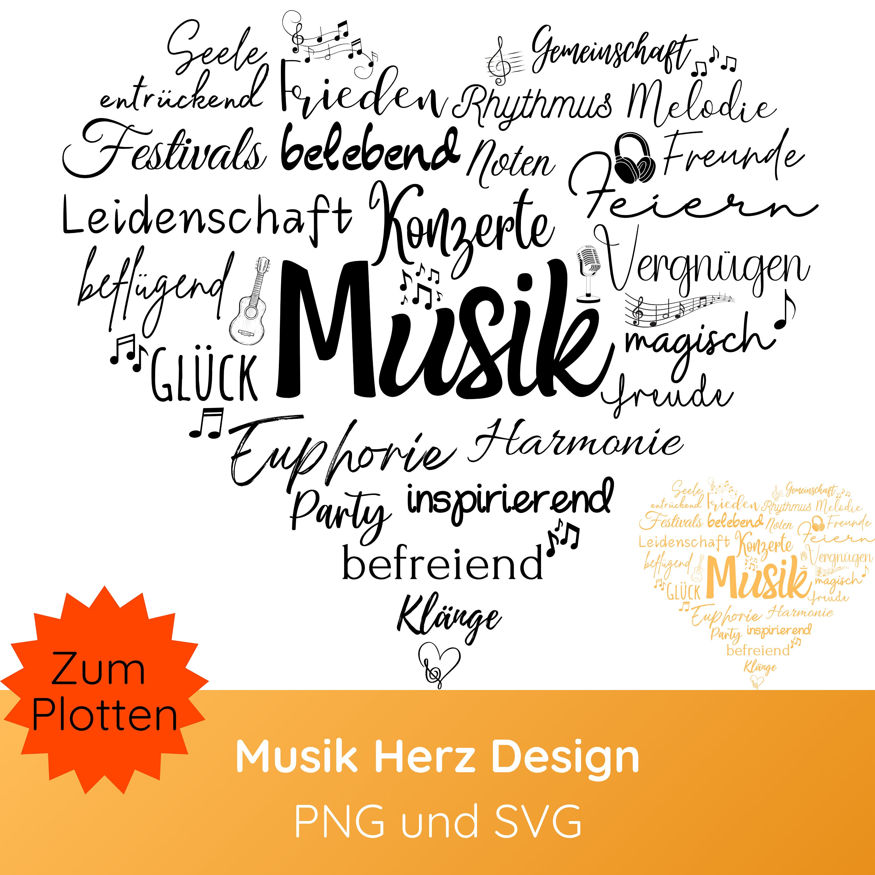 Music plotter file SVG PNG · Music decoration · Heart SVG · Music notes pillow · Music wall decoration · Festival shirt svg · Cricut Silhouette Studio