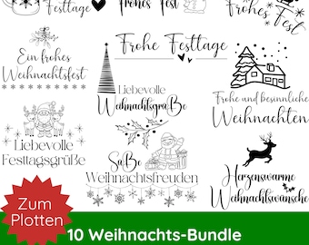May include: A set of 10 black and white Christmas-themed SVG and PNG files. The designs include phrases like "Frohes Fest", "Besinnliche Festtage", and "Liebevolle Weihnachtsgrüße".