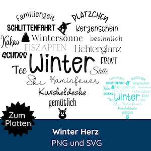 Può includere: Un design grafico bianco con la parola "Winter" al centro, circondata da parole a tema invernale come "neve", "sci" e "caminetto". Include il testo "Winter Herz PNG e SVG".