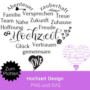 Puede incluir: Un diseño de boda en blanco y negro con la palabra "Hochzeit" en una escritura decorativa. El diseño incluye palabras como "Aventura", "Familia" y "Amor", dispuestas en forma de corazón. La parte inferior del diseño tiene el texto "Hochzeit Design PNG y SVG."