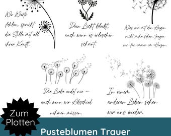Plotter file for funeral bundles (SVG/PNG) · Dandelion SVG for funeral candles · Funeral cushion · Funeral card (SVG) · Condolence messages · Silhouette Studio
