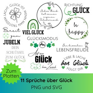 Può includere: Una raccolta di frasi tedesche sulla fortuna, presentate in vari font e design. Le frasi includono "Viel Glück", "Be Happy" e "Liebe & Lache". L'immagine include anche trifogli e un arcobaleno. Il testo in basso recita "11 Sprüche über Glück PNG und SVG."