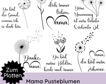 Puede incluir: Archivos de diseño digital en blanco y negro para máquinas de corte. Los diseños presentan ilustraciones de dientes de león con varias citas sobre las madres, como "Eres la razón por la que soy tan fuerte" y "Eres mi hogar".