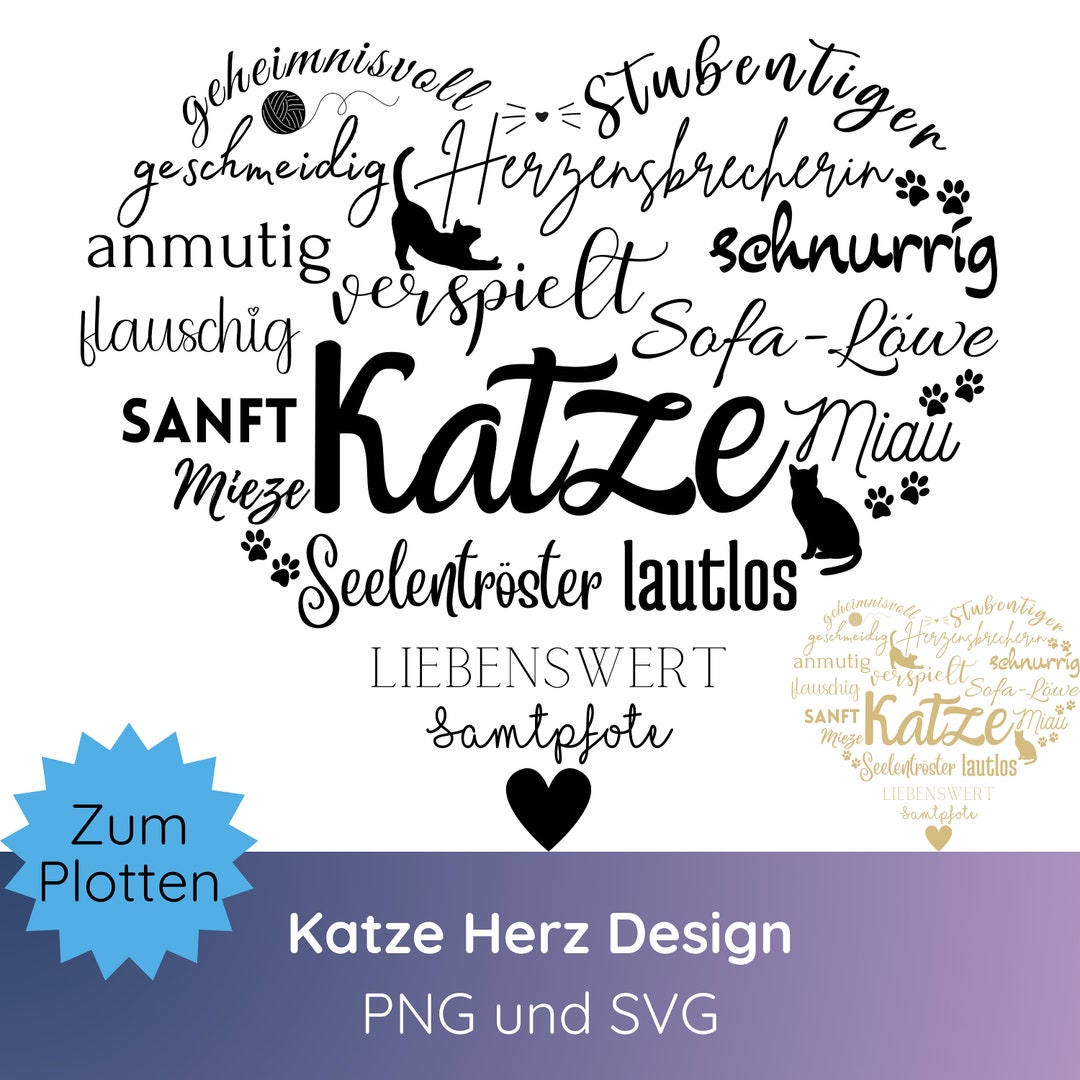 Deutsche Plotterdatei Katze Herz SVG PNG · Cricut Silhouette Studio