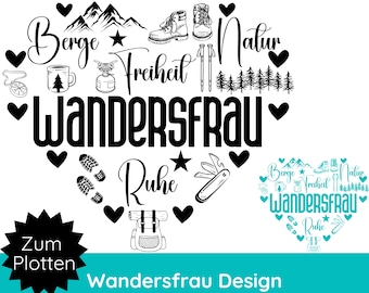 Op de afbeelding: Zwart-witte illustratie van een hart met de woorden "Wandersfrau" in het midden. Het hart is omringd door verschillende wandel- en natuurmotieven, waaronder bergen, bomen, een kompas, een rugzak en wandelschoenen. De tekst "Berge", "Natur", "Freiheit" en "Ruhe" is ook in het ontwerp opgenomen.