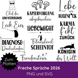 Puede incluir: Una colección de diseños gráficos en blanco y negro con frases e ilustraciones humorísticas en alemán. Incluye un gato con gafas de sol, signos de interrogación y varios diseños basados en texto. También está presente el texto "Freche Sprüche 2026".