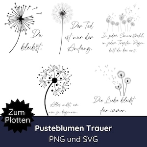 Plotterdatei Trauer Bundle SVG PNG · Trauerkarte svg · Pusteblume SVG für Trauerkerzen · Kissen Trauer · Trauersprüche · Silhouette Studio