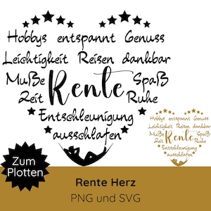 Könnte beinhalten: Schwarz-weißes Grafikdesign mit einer Herzform aus Text und Sternen. Das Wort "Rente" ist prominent dargestellt. Zusätzlicher Text umfasst "Hobbys", "Entspannung" und "Ruhestand". Eine Person entspannt sich in einer Hängematte.
