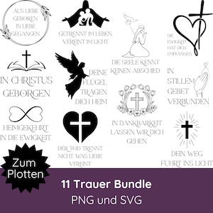 May include: A collection of 11 black and white memorial designs, including crosses, angel wings, and hearts, with German text. The designs are suitable for creating personalized memorial items. The text includes phrases like "In Christ Born" and "Your Path Leads to Light."
