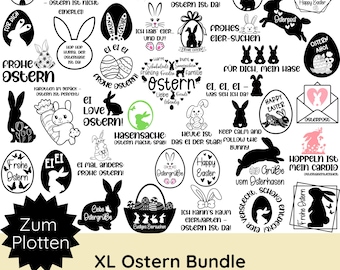 Pacchetto XL di file per plotter di Pasqua in formato SVG e PNG · Scritte pasquali · File per plotter di uova di Pasqua · Frasi pasquali · Coniglietti carini · Silhouette Studio