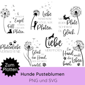 Op de afbeelding: Een verzameling zwarte grafische ontwerpen met paardenbloemen, hondensilhouetten en Duitse teksten over honden. De ontwerpen bevatten paardenbloemzaden die in de wind waaien, pootafdrukken en diverse inspirerende citaten in een mix van schrijf- en schreefletters.