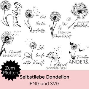 以下が含まれることがあります： タンポポのイラストと「Original」、「Aus Versehen großartig」、「Premium Persönlichkeit」、「Chronisch EINZIGARTIG」、「Freiwillig ANDERS」などのドイツ語のフレーズを組み合わせた、白黒のデジタルグラフィックデザインのコレクション。