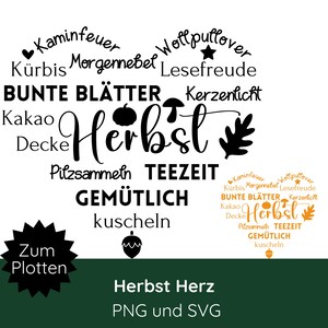 Puede incluir: Un fondo blanco con la palabra "Herbst" en letras negras grandes, rodeada de palabras e ilustraciones con temática otoñal. Una pancarta verde oscuro en la parte inferior dice "Herbst Herz PNG und SVG".