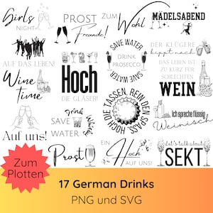 Peut inclure: Un ensemble de 17 illustrations en noir et blanc de toasts et de dictons allemands sur le thème de la boisson. Les illustrations présentent des verres de vin, de bière et d'autres boissons, ainsi que du texte en allemand. Le texte comprend des phrases comme "Prost zum Wohl", "Wine Time" et "Hoch die Gläser!"
